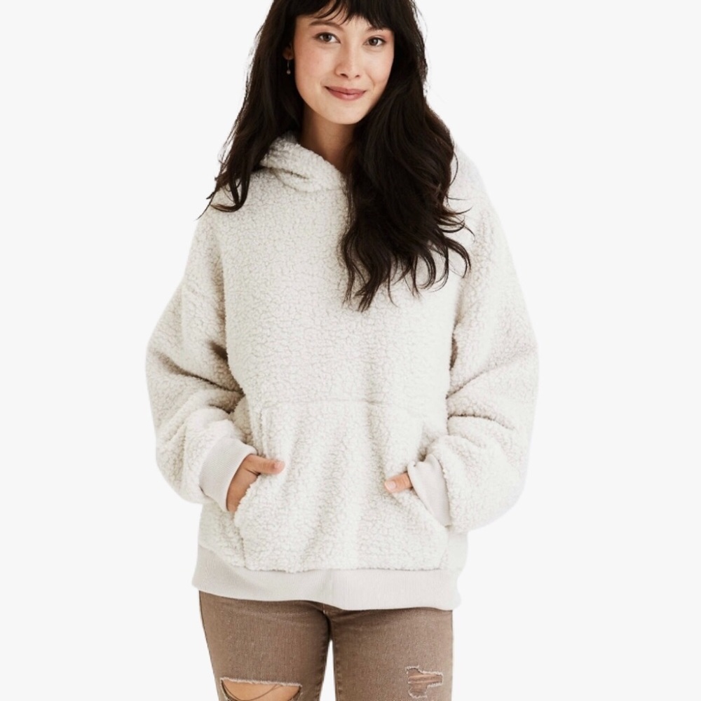 American Eagle Cream Sherpa Hoodie Womens Size XL